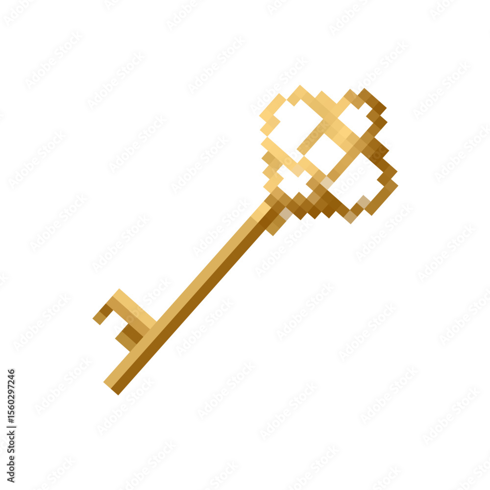 Poster a pixel key icon in mosaic style featuring a heart shape. designed in a retro, 8 bit art motif.
