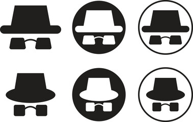 Set of spyware icons spy with hat symbols in trendy black flat styles. Hide vectors. Comedian pictogram. Incognito mood illustration private silhouette collection isolated on transparent background.