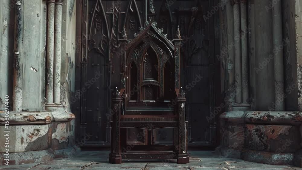 Poster a simple wooden chair placed outside a building with no indication of what's inside or around it