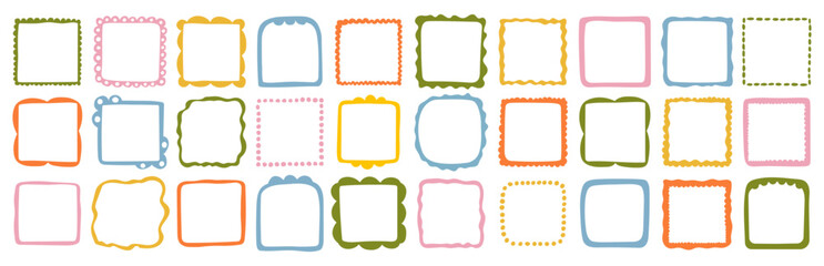 A collection of colorful hand-drawn square frames. Vector decorative borders for scrapbooking, greeting cards, invitations, photo albums, labels, posters, and creative design projects. 