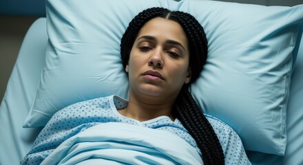 Serious Young Woman Lying in Hospital Bed with Light Blue Sheets