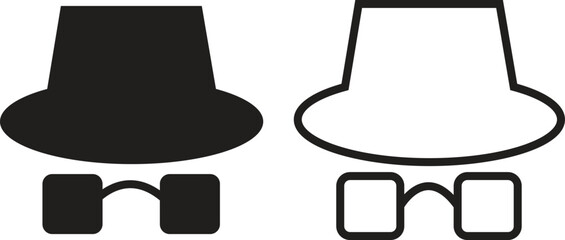 Set of spyware icons spy with hat symbol trendy black flat, line styles. Hide vectors. Comedian pictogram. Incognito mood illustration private silhouette collection isolated on transparent background.