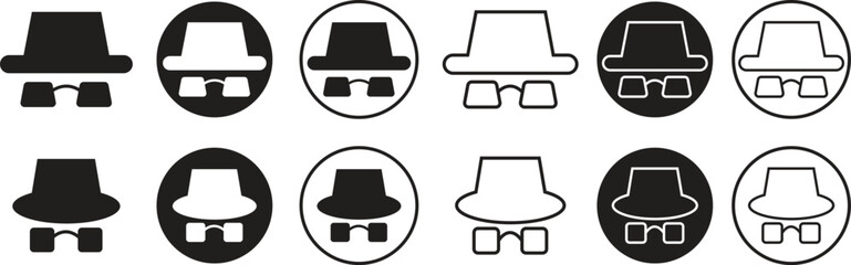 Set of spyware icons spy with hat symbol trendy black flat, line styles. Hide vectors. Comedian pictogram. Incognito mood illustration private silhouette collection isolated on transparent background.