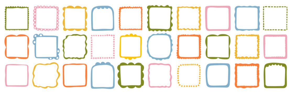 A collection of colorful hand-drawn square frames. Vector decorative borders for scrapbooking, greeting cards, invitations, photo albums, labels, posters, and creative design projects. 