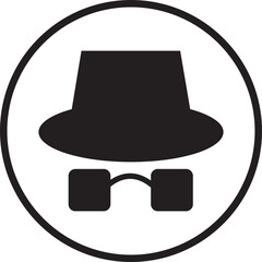 Spyware icon spy with hat symbol in trendy black flat style. Hide vector. Comedian pictogram. Incognito mood illustration private silhouette sign isolated on transparent background.