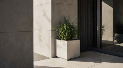 
Modern flower pot with green plants next to the door