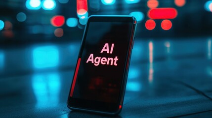 Digital assistant glowing from smartphone screen, showing "AI Agent" message, symbolizing future AGI and smart human interaction