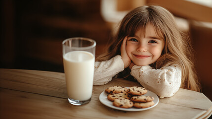 Happy little girl smiling with a glass of milk and plate of baked cookies. Kids breakfast at home.