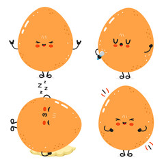 Four cute cartoon Eggs showing different emotions and actions on a white background.