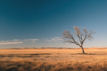 Lone dead tree casting a long shadow on parched farmland with clear blue sky during a drought, cinematic warm lighting, dynamic composition, storytelling moment showing isolation.