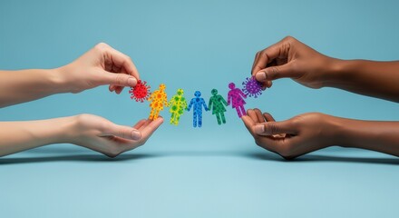 Diverse Hands Holding Connected Colorful Human Chain with Virus Symbols Global Health Unity Concept
