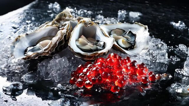 Oysters on Ice with Red Caviar: A Luxurious Seafood Delicacy