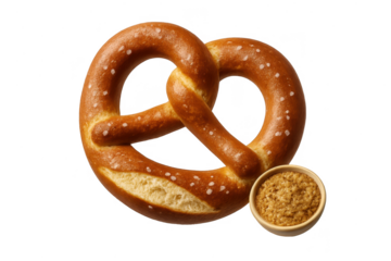 Salty soft pretzel with mustard isolated on a transparent background, savory