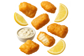 Golden fried fish bites, lemon slices, tartar sauce isolated on a transparent background