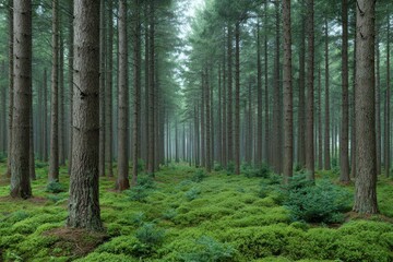 Obraz premium A serene evergreen forest with tall trees and a lush green carpet of moss and small saplings covering the ground