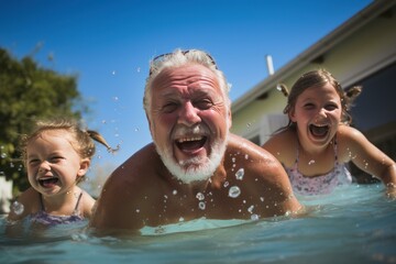 Obraz premium Grandfather and granddaughters laughing and having fun in swimming pool on a sunny summer day