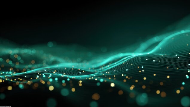 Teal and Gold Digital Waves Flow Across a Dark Background, Creating a Futuristic, Abstract Landscape.