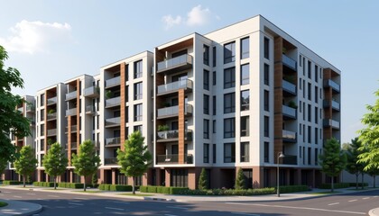 Obraz premium Modern apartment building exterior concept. Modern apartment building with lush landscaping and balconies.