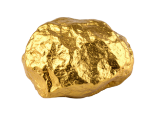 A raw, irregular gold nugget, isolated on a white background, representing wealth, mining, and natural resources.