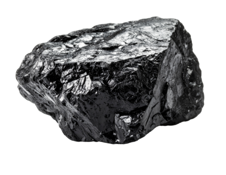 An irregular, dark coal piece, isolated on a white background, ideal for themes of energy production, fossil fuels, or raw materials.