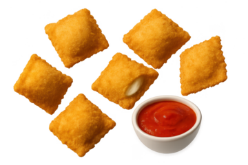 Delicious golden cheese bites with dipping sauce isolated on transparent background.