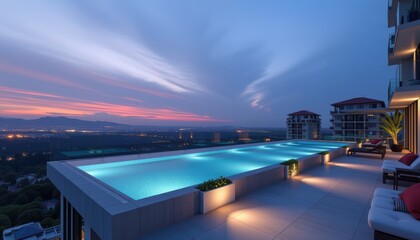 Modern apartment building exterior concept. Modern infinity pool at twilight with stunning city skyline views.