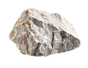 Obraz premium A rough, grey rock sample, isolated on a white background, representing geology, natural elements, or raw materials.