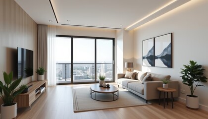 Modern apartment building exterior concept. Modern living room with panoramic city views and stylish décor.