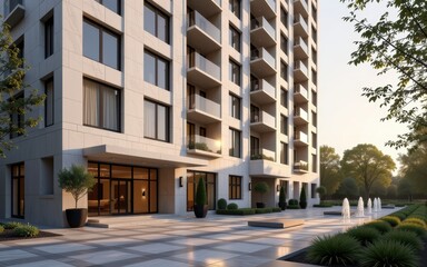 Fototapeta premium Modern apartment building exterior concept. Modern building exterior with landscaped entrance and water features at sunset.