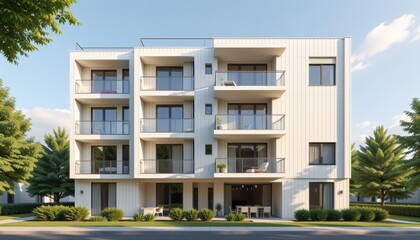 Fototapeta premium Modern apartment building exterior concept. Modern four-story building with balconies and landscaped surroundings.