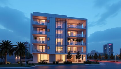 Modern apartment building exterior concept. Contemporary building with balconies illuminated at dusk, surrounded by palm trees.