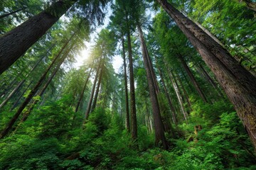 Obraz premium Majestic redwood forest canopy with sunlight streaming through tall ancient trees and lush green undergrowth
