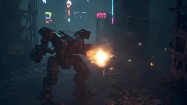 Giant combat mech shooting firepower in futuristic city battle, showcasing advanced robotic warfare