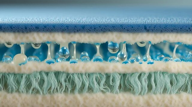 Absorbent pad close up showing foam, gel beads, fiber layers with water droplets highlighting detailed texture and moisture retention layered