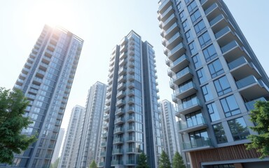 Naklejka premium Modern apartment building exterior concept. Modern skyscrapers surrounded by greenery in a bright urban setting.