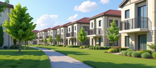 Obraz premium Modern apartment building exterior concept. Modern residential buildings with green landscaping under a clear blue sky.