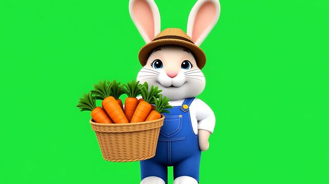 Adorable Farmer Bunny Holding Basket of Carrots on Green Screen