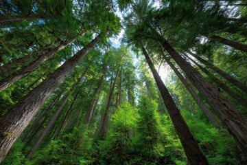 Majestic ancient redwood forest canopy viewed from below with sunbeams filtering through the lush green foliage creating a serene natural spectacle