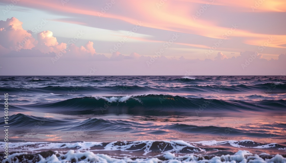Poster the image depicts a tranquil ocean scene at either dawn or dusk, given the soft light that seems to 