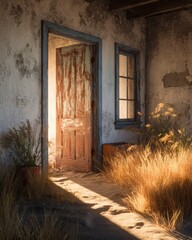 An abandoned house with a door and window, dry grass growing on the ground, golden hour lighting, photorealistic and cinematic.