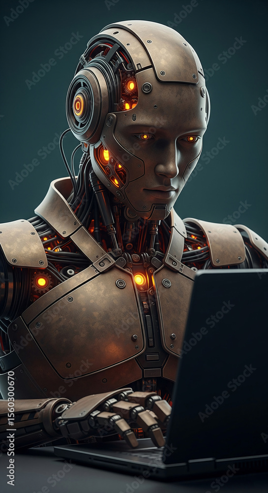 Fototapete metallic robot with glowing internal components uses laptop, showcasing technological advancement an