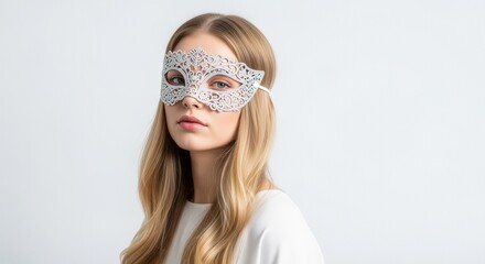Young Blonde Woman Wearing White Ornate Mask on Clean White Background