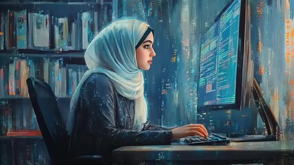 A focused young woman in a hijab coding on a computer in a cozy library with colorful lights