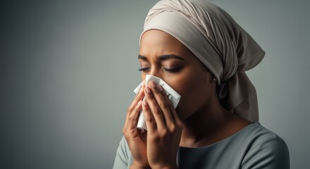 Distressed Young Adult Woman Wearing Head Covering Blowing Nose with Tissue Feeling Unwell Against Grey Background