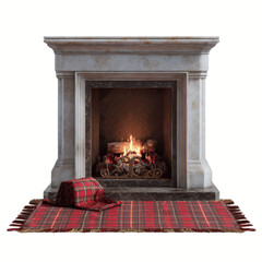 Cozy Fireplace with Plaid Rug and Burning Fire