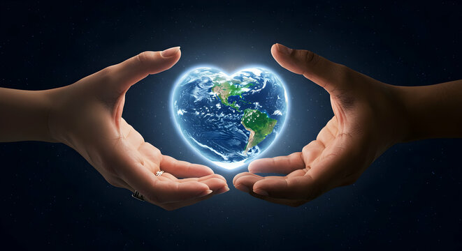 Hands holding heart shaped earth image