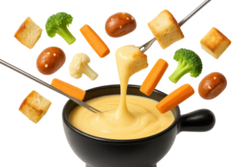 Cheese fondue pot with various dipping foods isolated on transparent background