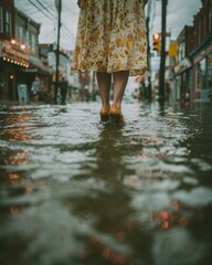 A woman in vintage walks along the wet street, her shoes creating ripples on the puddles of water. The city's streets reflect the rainwater around her as she navigates through the rainy day.