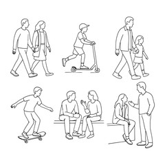 Set of vector silhouettes of women and men. Children on scooters, people talking. Linear sketch