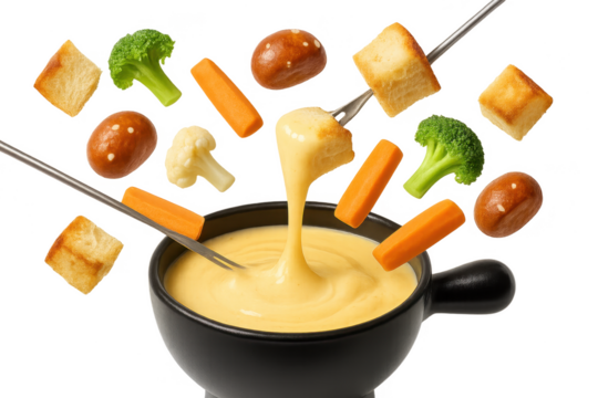 Cheese fondue pot with various dipping foods isolated on transparent background